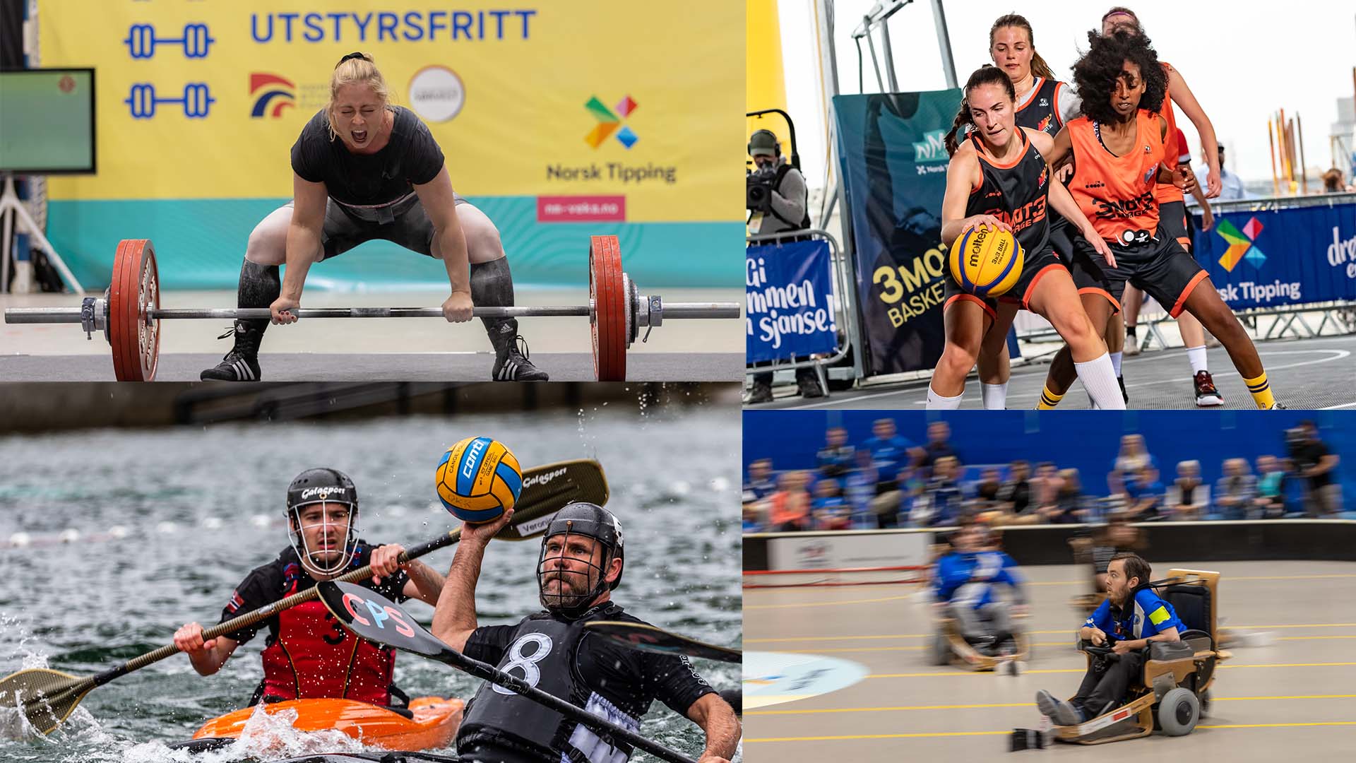 Styrkeløft, 3x3 streetbasket, kajakkpolo og rullestolrugby er fire av idrettene i årets NM-veka. Foto: Øverst til venstre og nederst til høyre Kjetil Dalseth, nederst til venstre Oddvar Johnsen, oppe til høyre Trine Nessler Wichmann. 