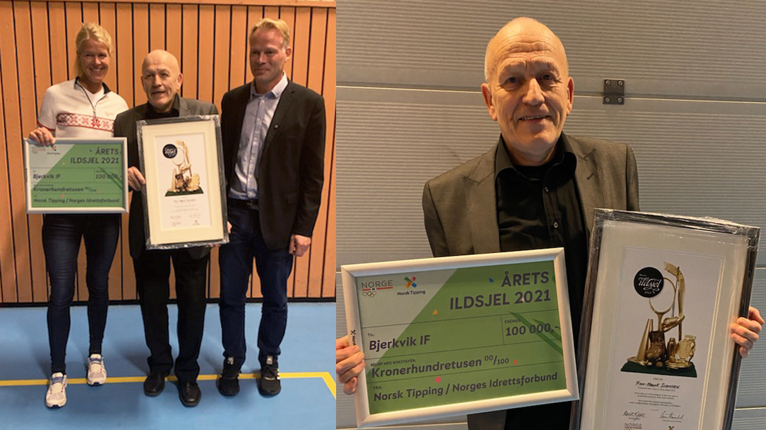 Bente Engelhardtsen Widding i Norges idrettsforbund og Pål Enger i Norsk Tipping overrasket Finn-Magne Simonsen med en sjekk på 100.000 kroner. 