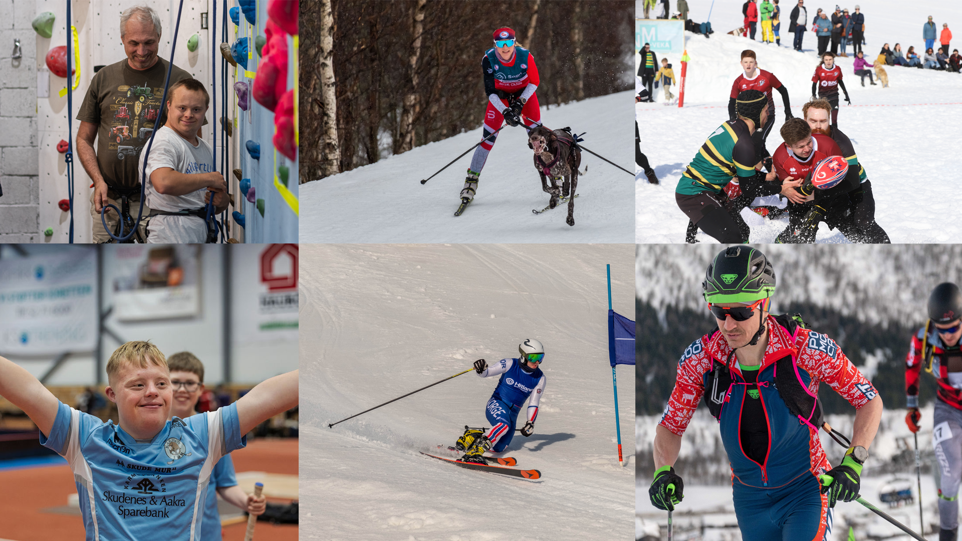 Innebandy og klatring for utviklingshemmede, hundekjøring, snørugby, telemark og randonee er noen av idrettene vi vil se på Lillehammer i mars. Bildecollage: NIF