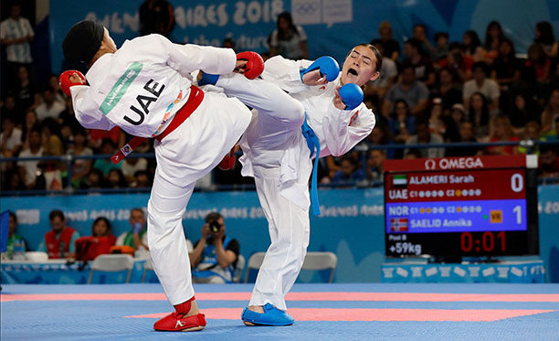 Annika Sælid i aksjon under Ungdoms-OL. Hun tok et imponerende karate-gull i +59 kilos klassen. Foto: YOG2018/ IOC
